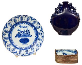 Antique Porcelain Box, Chinese Plate And Cobalt Blue Dragon Vase