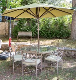 Brown Jordan Venetian Glass Top Round Dining Table With Six Chairs And Umbrella - RETAIL $14,230