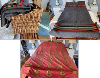 Queen Size Pendleton Mills Blanket And Vintage Needlework Coverlet With Wicker Storage Basket