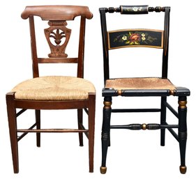 High Point Bending & Chair Co. Hand Decorated Rush Seat Chair And French Walnut Carved Wood Rush Seat Chair