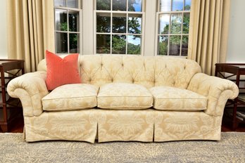 Custom Upholstered In Beige Damask Three Down Cushion Tufted Back Sofa