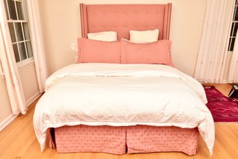 Custom Queen Upholstered Tufted Back Headboard With Nailhead Trim, Matching Pillow Shams And Skirt