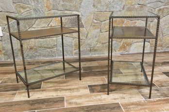 Pair Of  Iron Triple Tier Side Tables With Glass Tops (RETAIL $1,478)