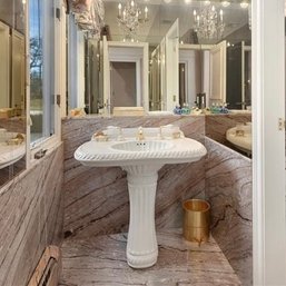 A Sherle Wagner Ceramic Pedestal Sink - Scalloped Ceramic Lever Empire Faucet Set - Gold Plate-  Bath4