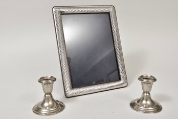 Sterling Silver Italian Photo Frame And Pair Of Weighted Sterling Silver Candlestick Holders By Gorham
