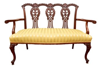 Antique Circa 1900s English Carved Mahogany Upholstered Loveseat/Settee