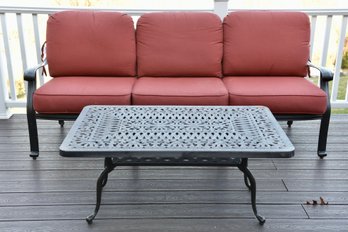 Fortunoff Cast Aluminum Three Cushion Sofa With Matching Cocktail Table And Roger's Cushions