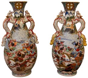 Pair Of Fine Antique Japanese Satsuma Vases In High Relief With Dragon Handles