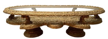 Vintage 19th Century Italian Rococo Style Ornate Gilt Two Tier Oval Coffee Table With Glass Top