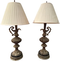 Pair Of Antique Ewer Form Converted Bronze Table Lamps With Marble Base