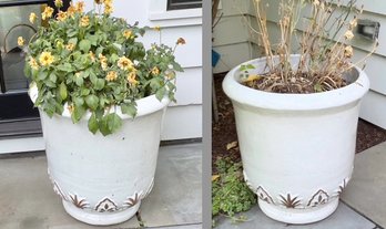 Pair Of Gulf Large Glazed Terra Cotta Hand Made Artisan Planters In An Antique White Finish (RETAIL $1,009)