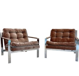 A Pair Of Iconic Milo Baughman Style Chrome Lounge Chairs