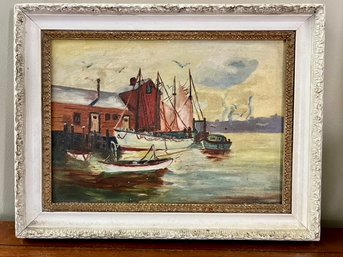 An Original Oil On Canvas - Vintage - Unsigned - Harbor View - Framed