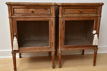 Pair Of Vintage Wooden Nightstands With Chicken Wire Fronts