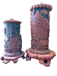 Pair Of Vintage Ornated Candles On Wooden Stands.