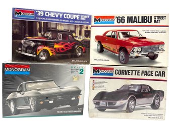 Four Monogram's Car Model Kits . Corvette , Malibu And Chevy Coupe . UNUSED.