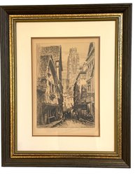 Antique Signed And Framed Etching Featuring A Old Town Street Scene. ( B-9)