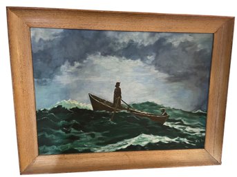 Vintage Oil On Canvas , Showing A Lady And Her Dog On A Boat At A Stormy Day. Signed 'Niy' '50 ???