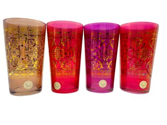 4 Colorful Mid Century Gold Decorated , Timon Beverage Glasses.