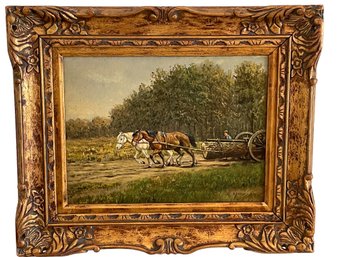 Antique Framed Oil On Canvas Of Horses Pulling A Log By A. Hoeksema With Original Label On Back (#16)