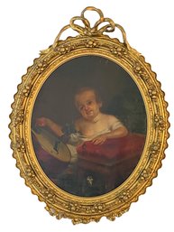 Antique Oil On Canvas Of A Young Child With A Mandolin In Beautiful Gilded Frame Phineas STAUNTON (1817-1867)