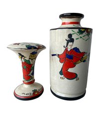 Pair Of Vintage Hand Painted Oriental Vases.