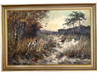 Vintage Oil On Canvas Sporting Scene Of A Hunting Dog And Pheasant Signed Jan Bevort (1917-1996)