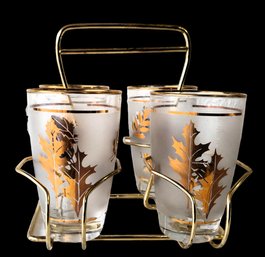 VINTAGE MID CENTURY LIBBEY SET OF 4 FROSTED GOLDEN LEAF GLASSES WITH CARRIER