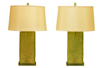 Contemporary Pair Of Lucite Block Shaped Translucent Lamps With Carved Coral Design