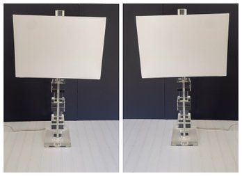 Beautiful Pair Of Crystal Block Table Lamps With Rectangular Shades