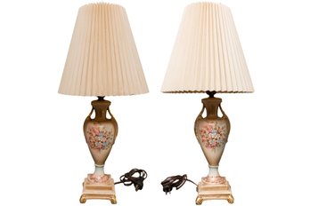 Pair Of Antique Beckwith China Porcelain Footed Table Lamps