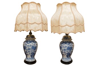 Pair Of Vintage Asian Blue And White Porcelain Table Lamps With Floral Motifs