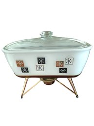 Mid Century Modern ' Inland Glass- Golden Triangle' , Pyrex Like Covered Casserole With Stand.