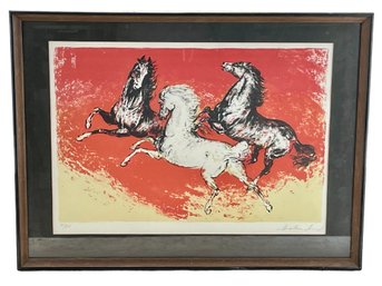 Three Galloping Horses, Pencil Hand Signed Lithograph By Dense DeHolsch.