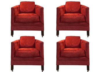 Quartet Of Mitchell Gold Red Alcantara Suede Club Chairs On Casters*