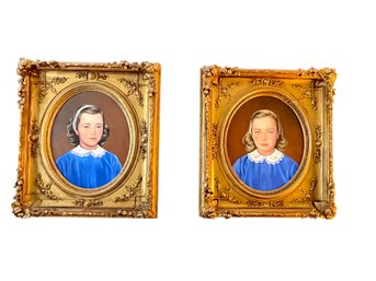 Pair Of Portraits Of Sisters In Extraordinary Quality Antique Ornate Frames.  PLEASE LOOK