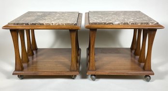 Mid Century Walnut And Marble End Tables On Metal Casters - Original Owners - Purchased In CA In 1950s