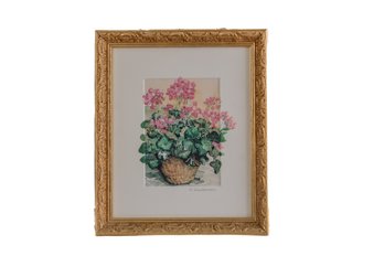 ARTIST J WALDMAN SIGNED WATERCOLOR OF PINK GERANIUMS