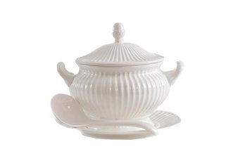 PORCELAIN WHITE GLAZED SOUP TUREEN WITH LADLE, COVER AND DRIPPING PLATE