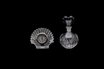 WATERFORD IRELAND SHELL CLOCK AND WATERFORD PARFUM BOTTLE W/HEART SHAPE TOP