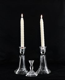 LENOX CLEAR GLASS CANDLEHOLDERS & A SMALL CRYSTAL CLEAR CANDLEHOLDER