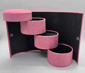 Pink Velvet Three Layer Cylinder Shaped Jewelry Box With SNAP Button Closure