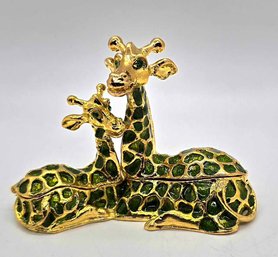 Mother & Baby Giraffe Trinket Box In Green Enamel & Gold Tone