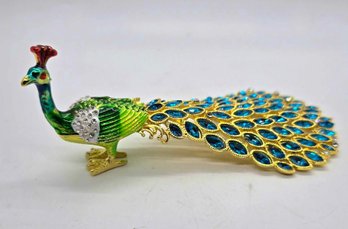 Enameled & Jeweled Peacock Trinket Box In Goldtone