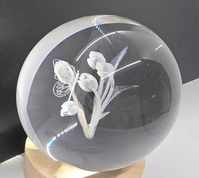 RGB Changing LED Light Crystal 3D Butterfly On Rose Patterned Glass Ball With Wood Base