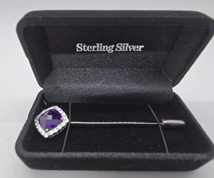 Amethyst & Faux Diamond Barpin In Sterling