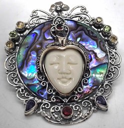 Bali Goddess Carved Bone, Multi-Gemstone Pendant In Sterling