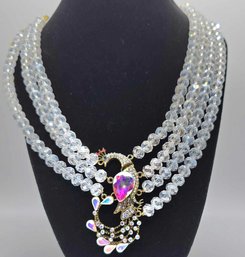 White Aurora Borealis Glass, Multicolor Austrian Crystal Beaded Layered Peacock Necklace