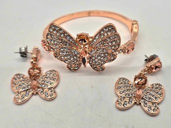 Austrian Crystal, Morganite Color Glass Butterfly Bangle Bracelet And Earrings In Rose Tone