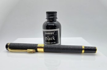 Black & Gold Fountain Pen With Bottle Of Black Ink